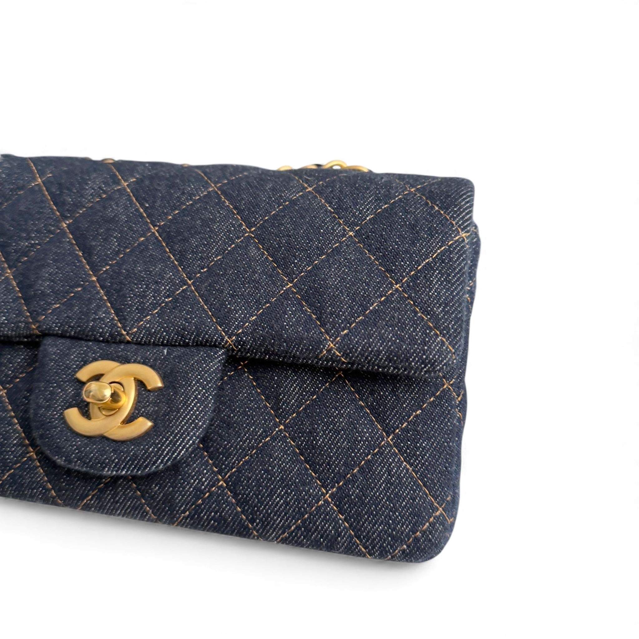 Chanel Classic Mini Dark Navy Blue Denim, Gold-tone Hardware