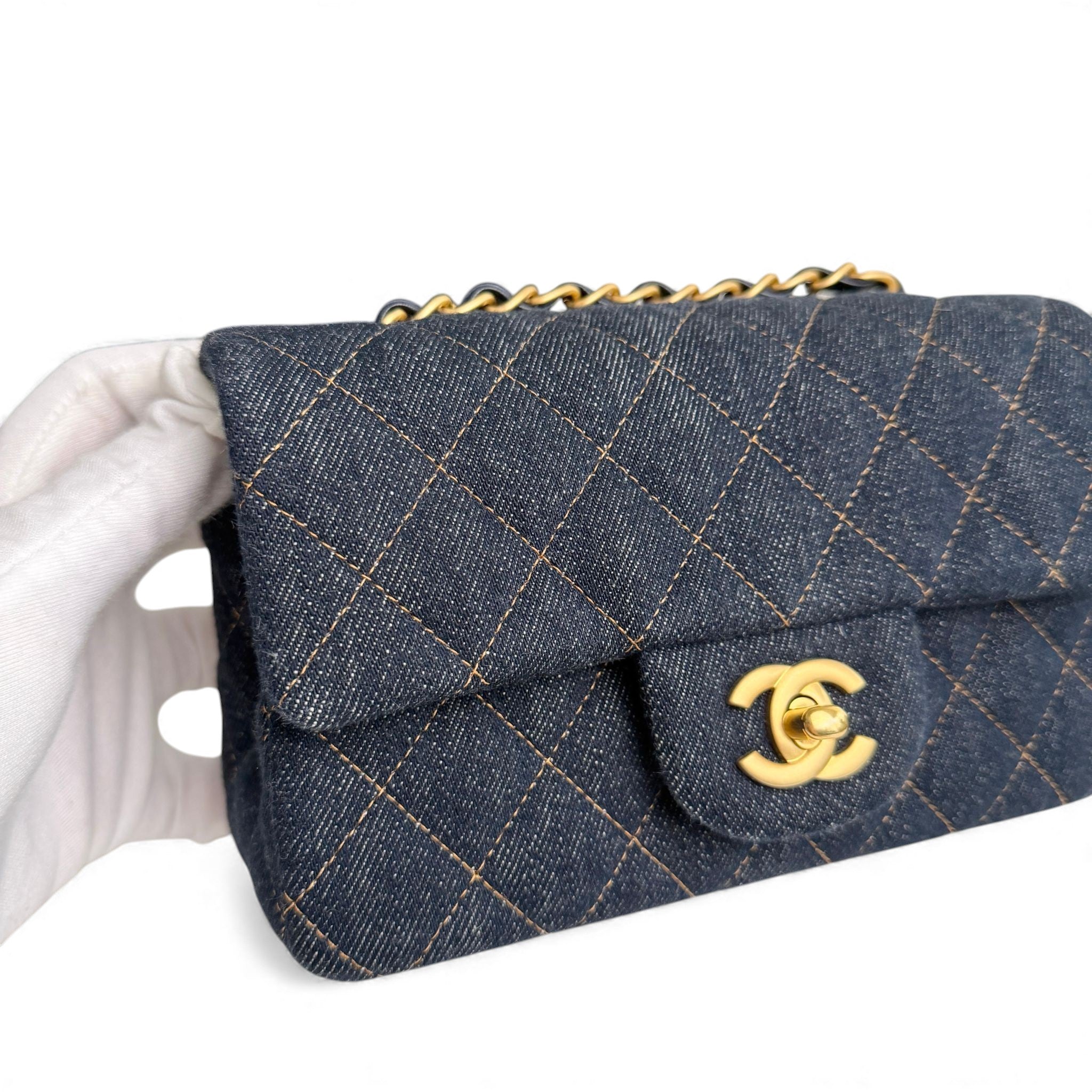 Chanel Classic Mini Dark Navy Blue Denim, Gold-tone Hardware
