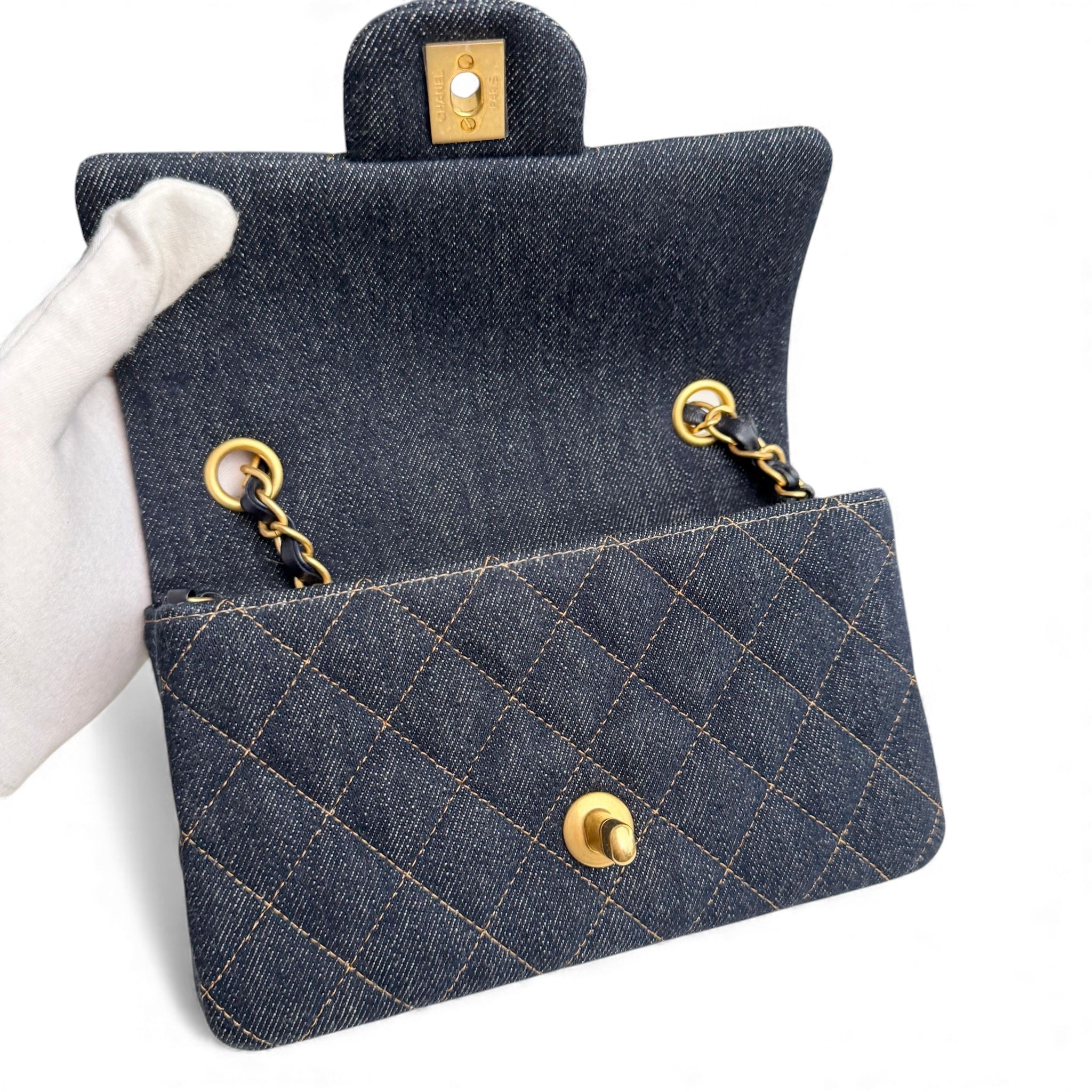 Chanel Classic Mini Dark Navy Blue Denim, Gold-tone Hardware