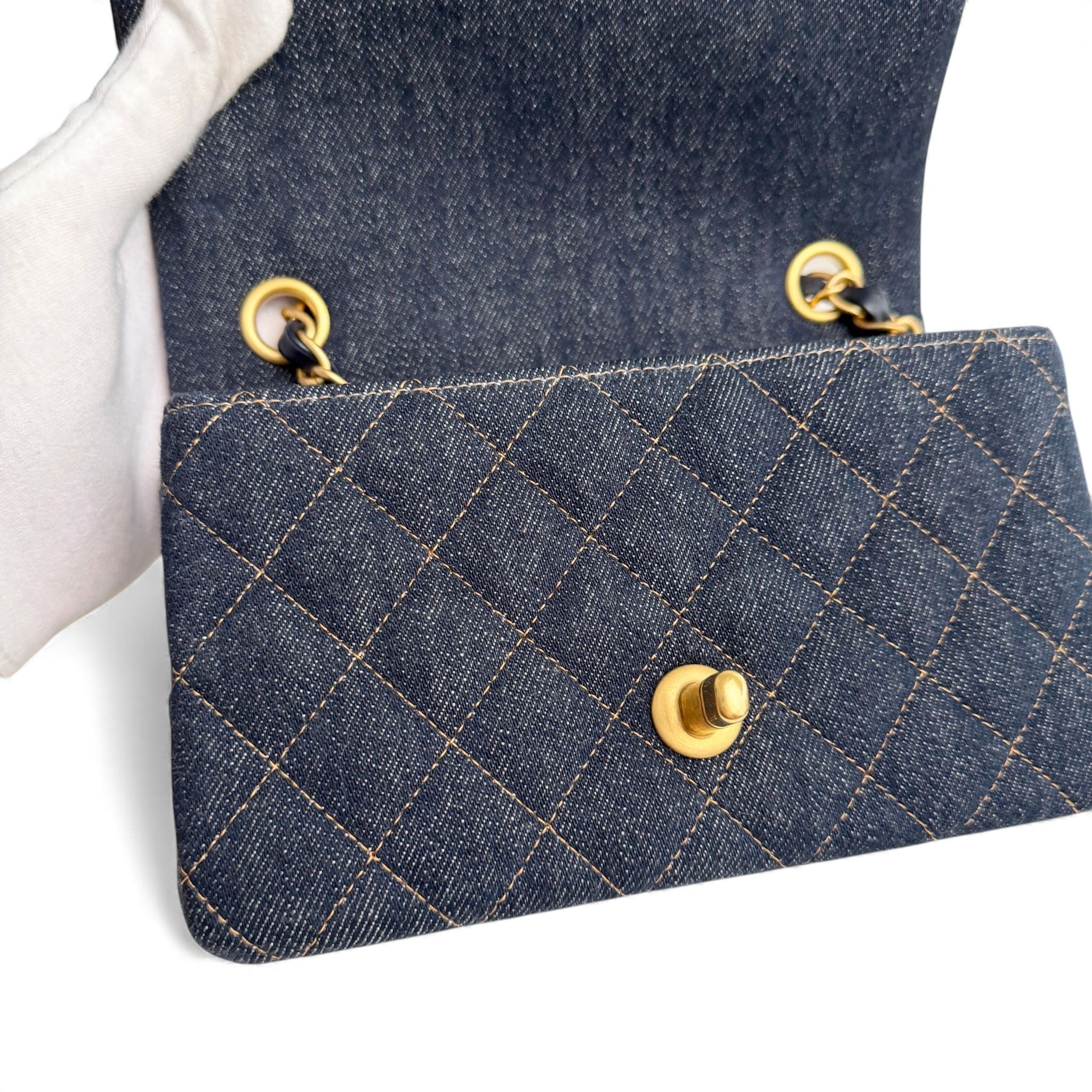 Chanel Classic Mini Dark Navy Blue Denim, Gold-tone Hardware