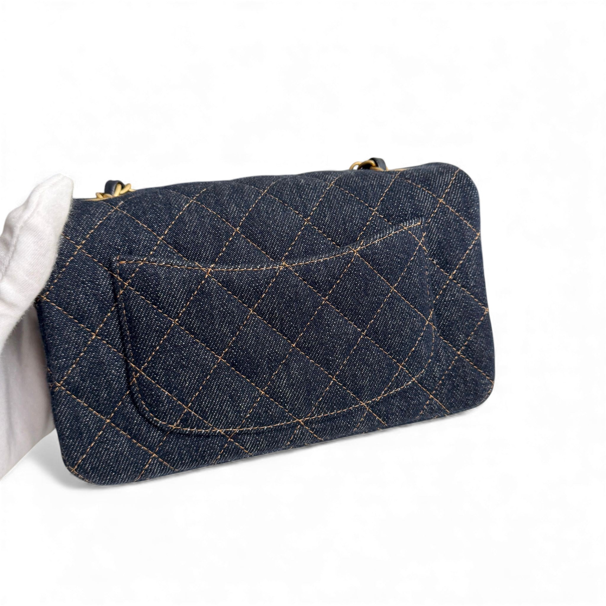 Chanel Classic Mini Dark Navy Blue Denim, Gold-tone Hardware
