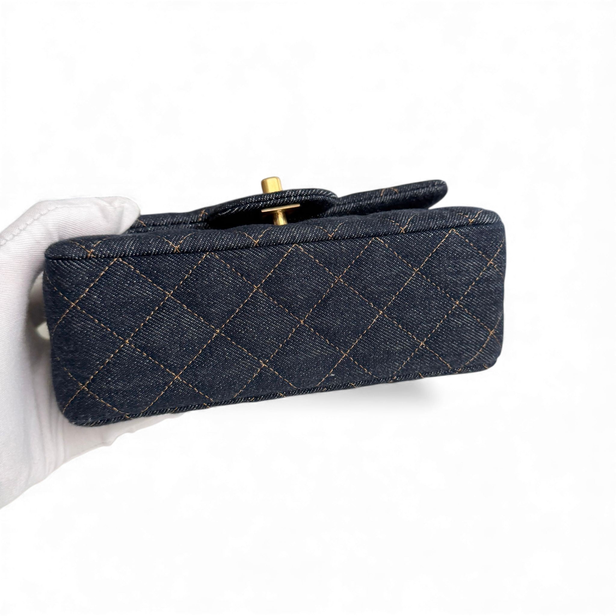 Chanel Classic Mini Dark Navy Blue Denim, Gold-tone Hardware