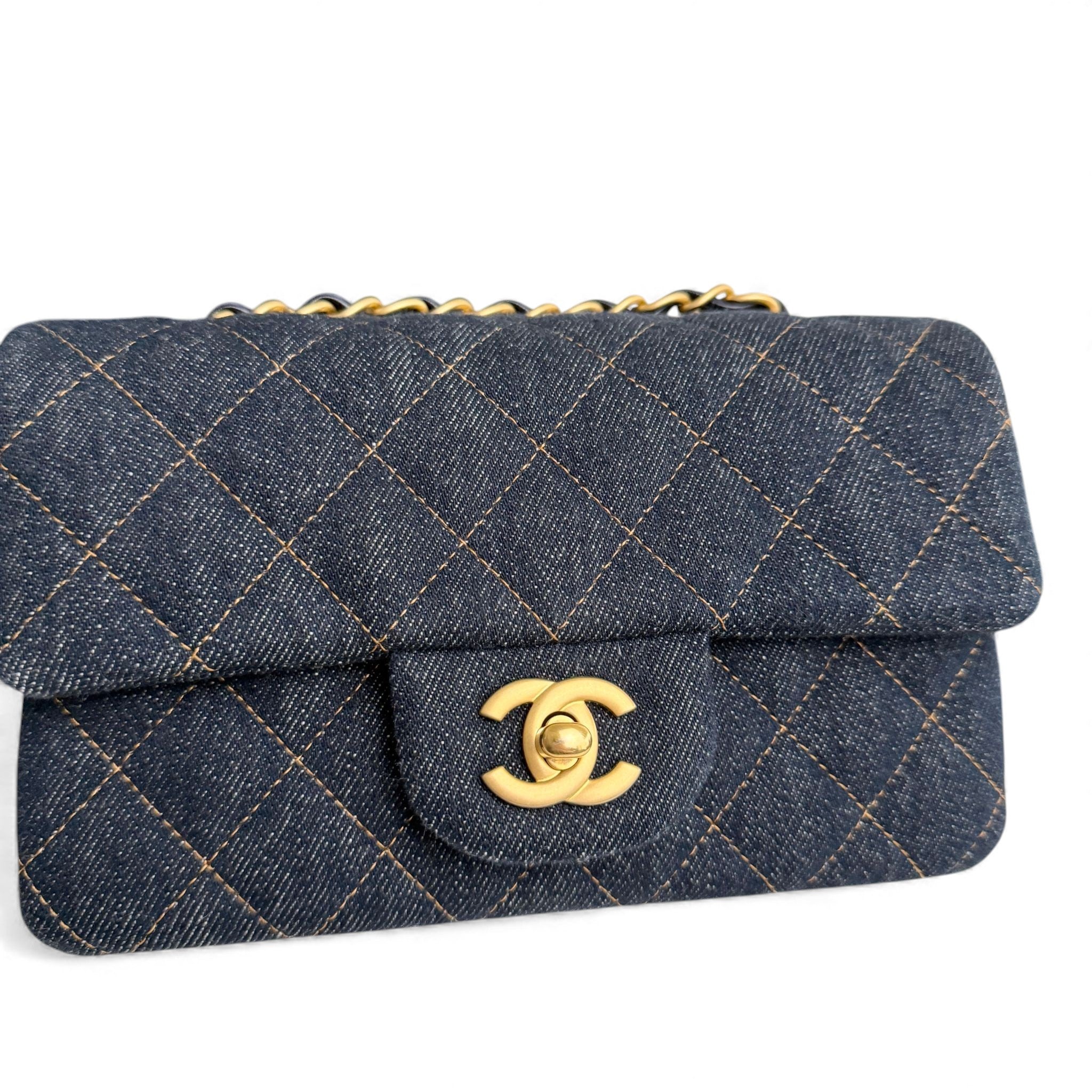 Chanel Classic Mini Dark Navy Blue Denim, Gold-tone Hardware