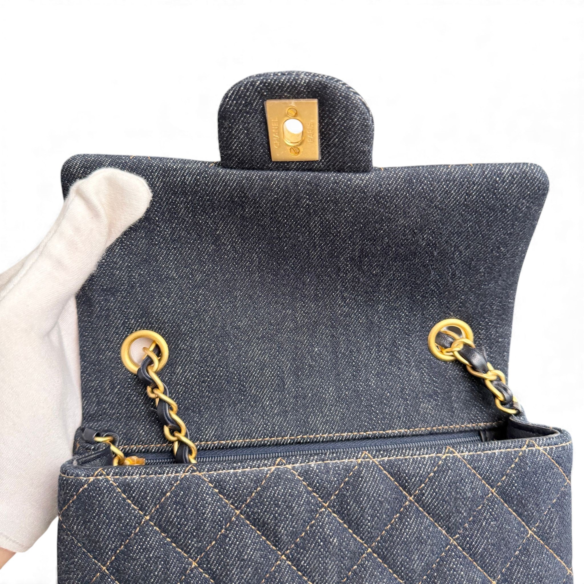 Chanel Classic Mini Dark Navy Blue Denim, Gold-tone Hardware