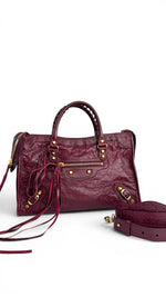 Load image into Gallery viewer, Balenciaga Small Le City Bag - Bordeaux Arena Lambskin Leather, Antique Gold-tone Hardware
