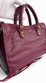 Load image into Gallery viewer, Balenciaga Small Le City Bag - Bordeaux Arena Lambskin Leather, Antique Gold-tone Hardware

