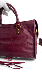 Load image into Gallery viewer, Balenciaga Small Le City Bag - Bordeaux Arena Lambskin Leather, Antique Gold-tone Hardware
