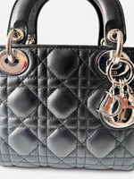 Load image into Gallery viewer, Christian Dior Lady Dior Mini, Black Lambskin Leather Silver-tone Hardware

