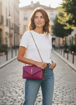 Load image into Gallery viewer, Saint Laurent Envelope Wallet on Chain – Purple Chevron Grain de Poudre Leather, Gold-tone Hardware

