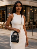 将图片加载到图库查看器，Christian Dior Lady Dior Mini, Black Lambskin Leather Silver-tone Hardware

