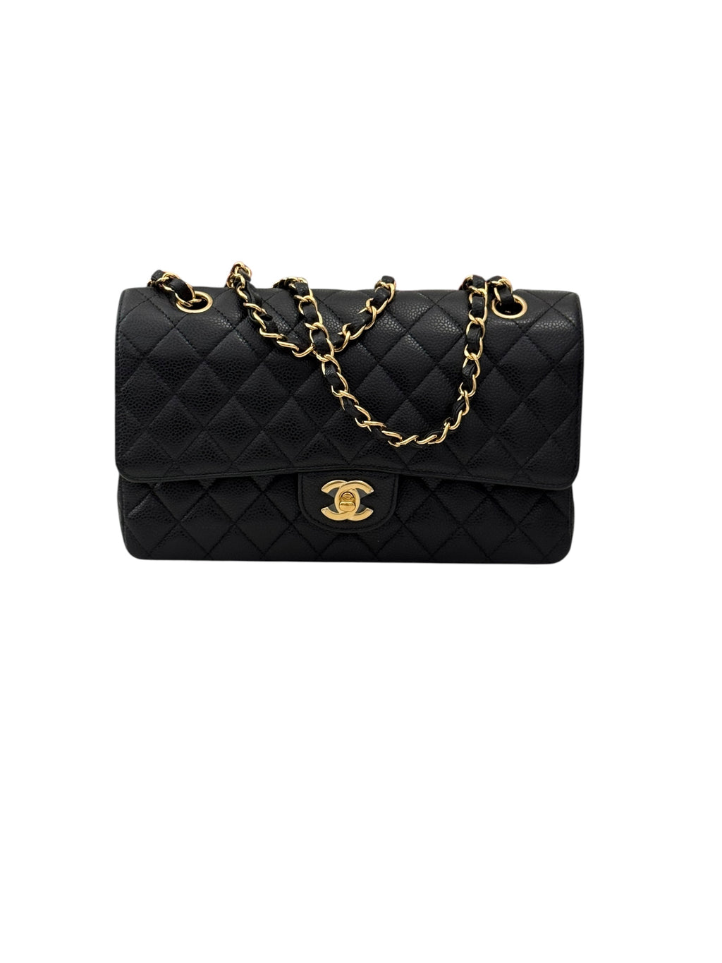 Black quilted handbag with gold chain and clasp on a white background