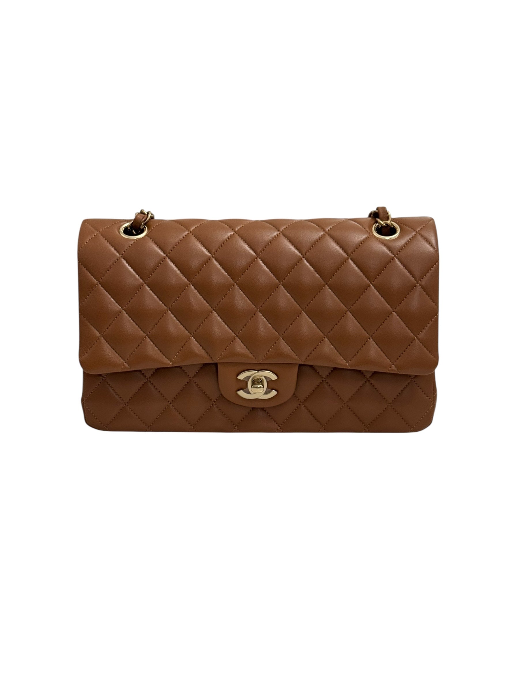 Brown quilted handbag with gold hardware on a white background