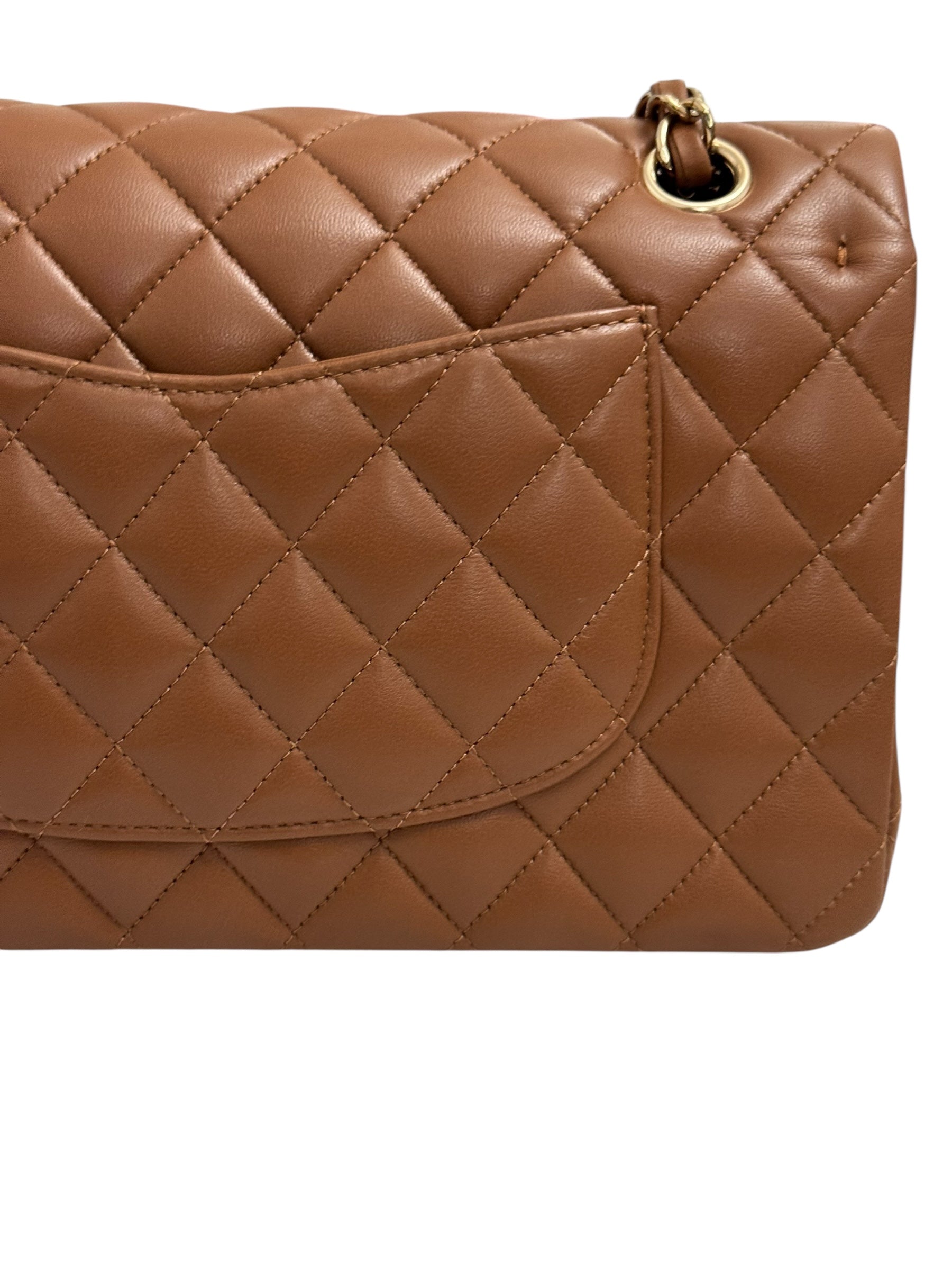 Brown quilted handbag with a gold clasp on a white background