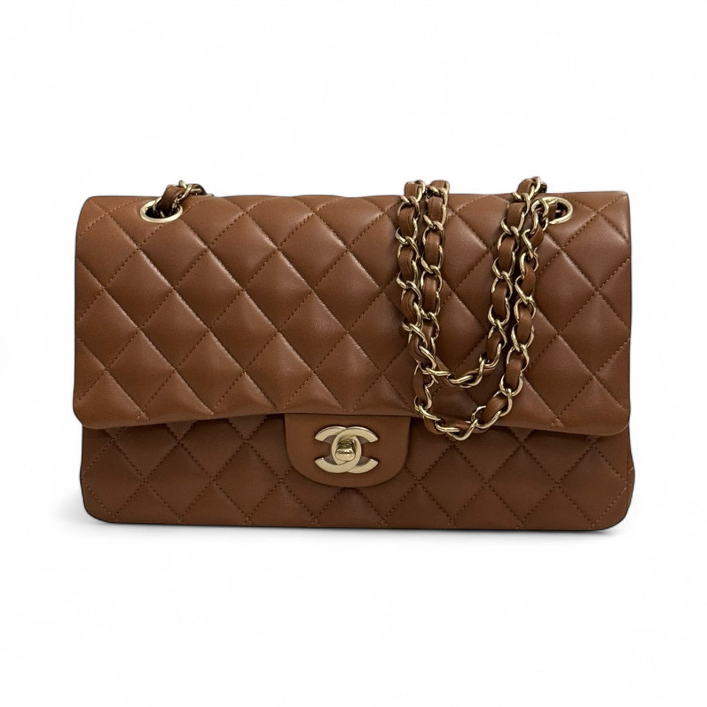 Brown quilted handbag with gold chain and clasp on a white background