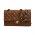 将图片加载到图库查看器，Brown quilted handbag with gold chain and clasp on a white background
