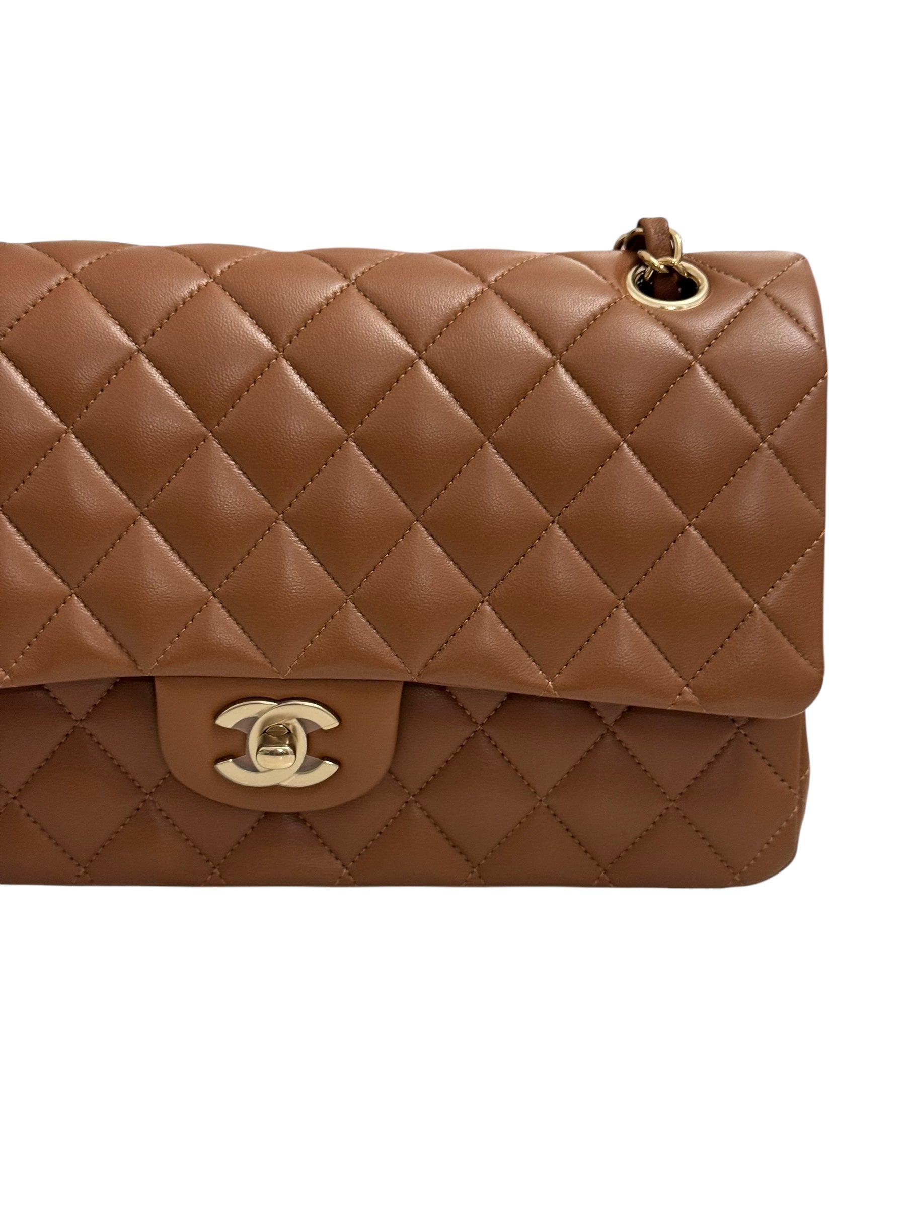 Brown quilted handbag with gold hardware on a white background