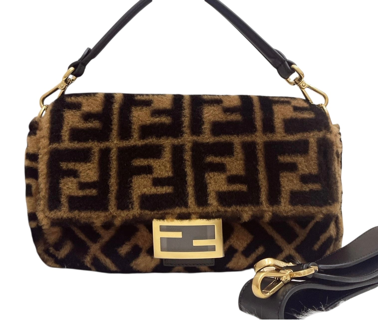 Designer handbag with a prominent logo pattern on a white background