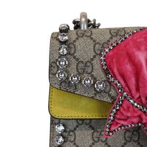 Gucci Dionysus Small Beige GG Supreme Monogram, Crystal Embroidered Pink Bow, Yellow Interior, Silver-tone Hardware