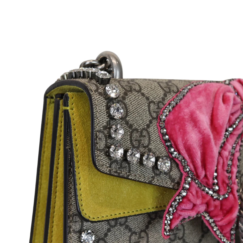 Gucci Dionysus Small Beige GG Supreme Monogram, Crystal Embroidered Pink Bow, Yellow Interior, Silver-tone Hardware