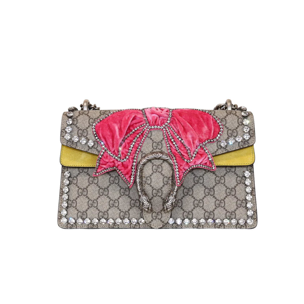 Gucci Dionysus Small Beige GG Supreme Monogram, Crystal Embroidered Pink Bow, Yellow Interior, Silver-tone Hardware