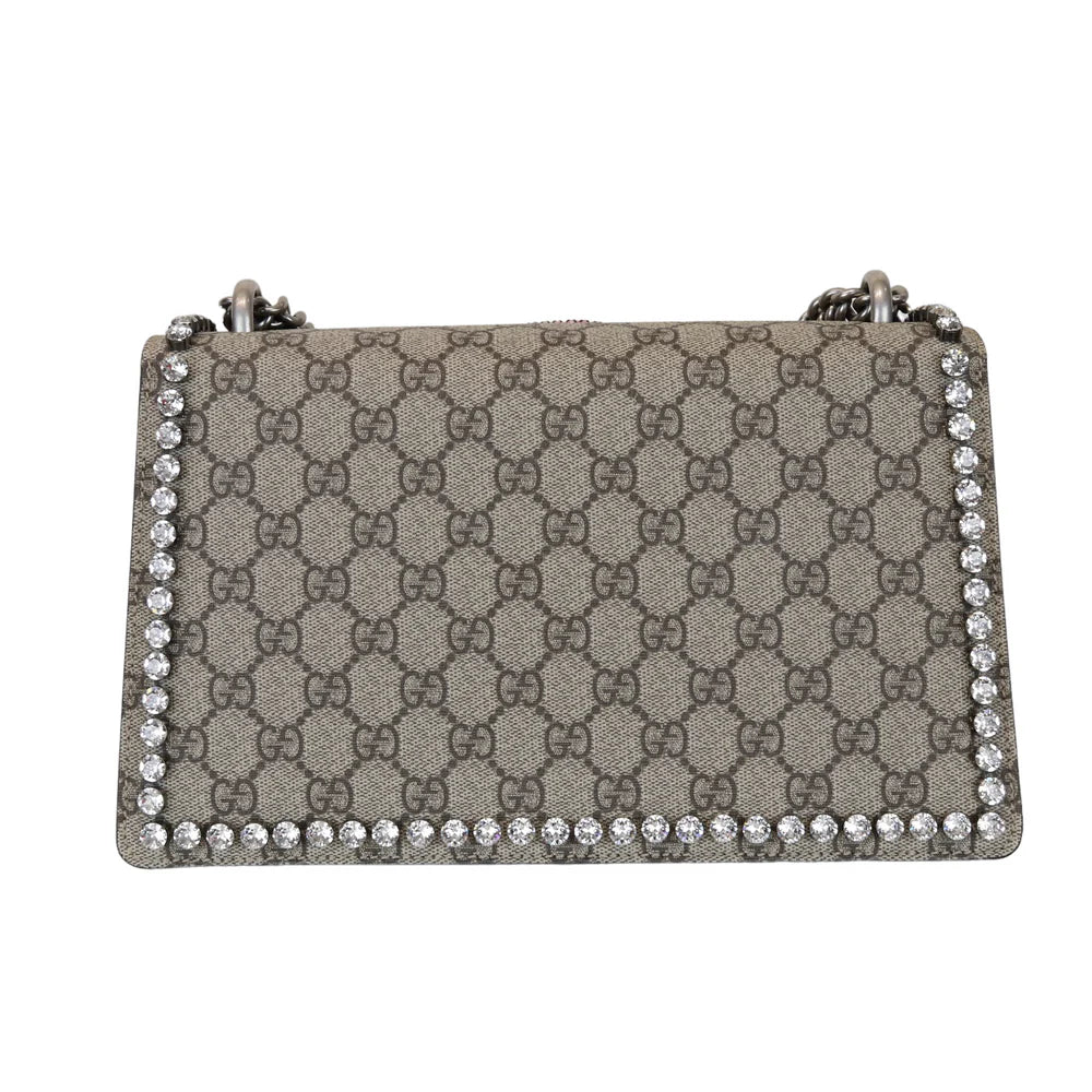 Gucci Dionysus Small Beige GG Supreme Monogram, Crystal Embroidered Pink Bow, Yellow Interior, Silver-tone Hardware