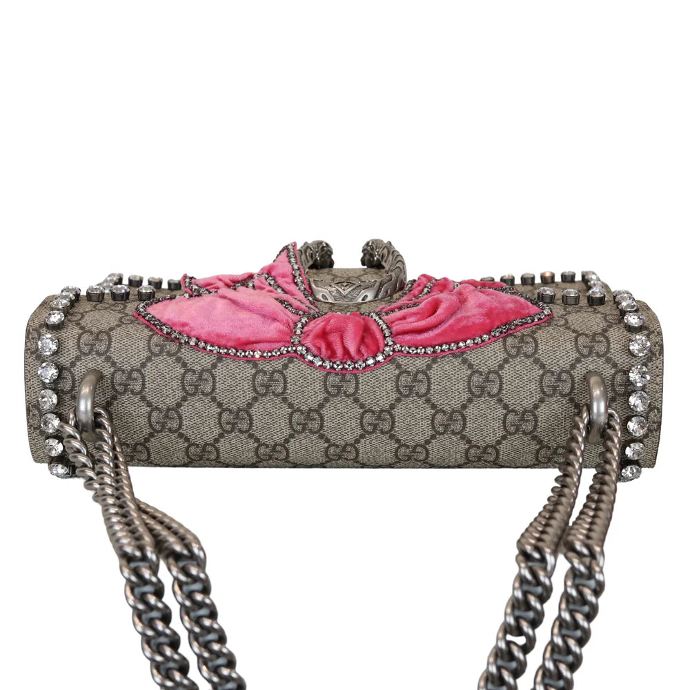 Gucci Dionysus Small Beige GG Supreme Monogram, Crystal Embroidered Pink Bow, Yellow Interior, Silver-tone Hardware