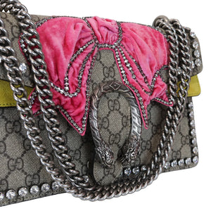 Gucci Dionysus Small Beige GG Supreme Monogram, Crystal Embroidered Pink Bow, Yellow Interior, Silver-tone Hardware