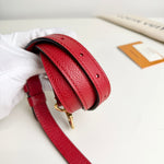 Load image into Gallery viewer, Red leather belt with gold buckle on a white surface
