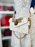 GUCCI Queen Margaret Embellished Bee pearl stud white flap crossbody bag