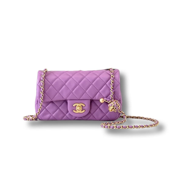 Chanel Pearl Crush Mini Square Flap Bag Purple Lambskin Antique Gold  Hardware
